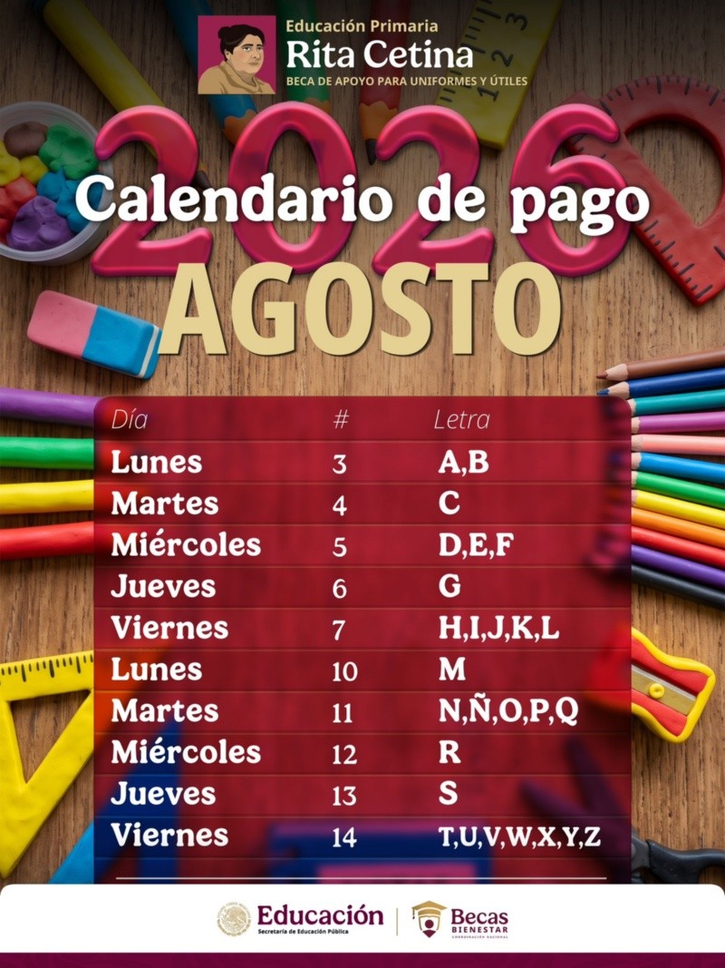 &nbsp;Calendario de pagos de la Beca Rita Cetina para Primaria. ESPECIAL