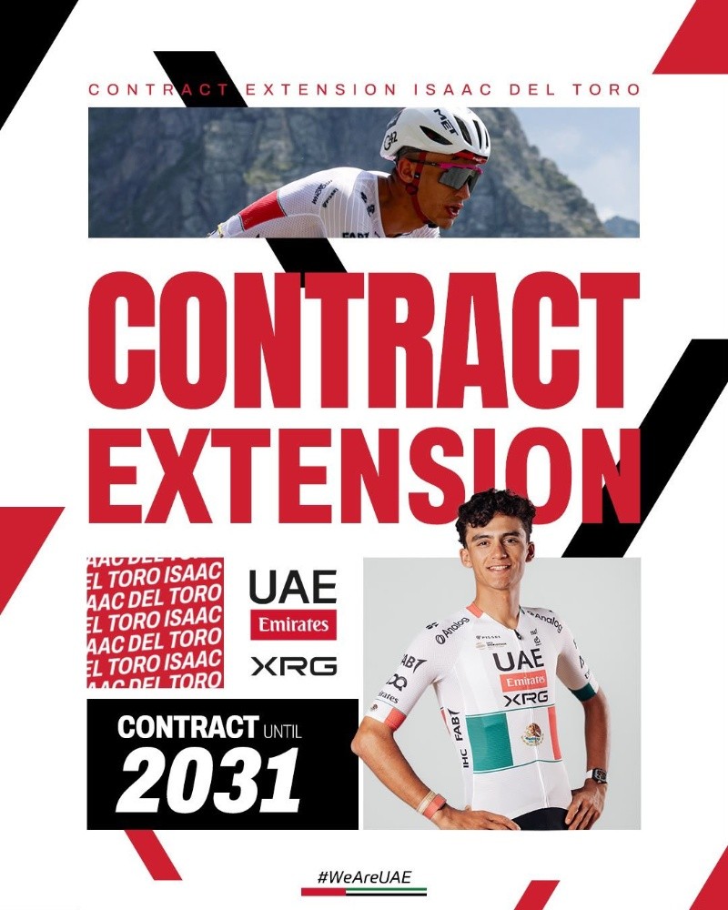 Isaac del Toro ha firmado un nuevo contrato de larga duración con el UAE Team Emirates-XRG. ESPECIAL/X @UAE-TeamEmirates