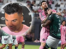 Lionel Messi, del Inter Miami, choca con Jhohan Romaña, de León, durante un encuentro de la Leagues Cup, el miercoles 12 de agosto de 2026. AP / Lynne Sladky