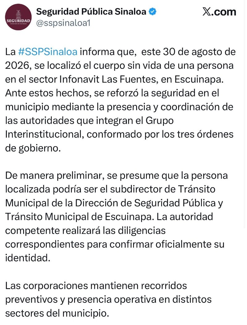Captura de pantalla. X / &nbsp;@sspsinaloa1