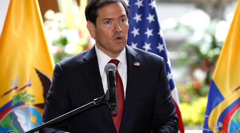 El secretario de Estado de Estados Unidos, Marco Rubio, habla durante una rueda de prensa este miércoles, en Quito, Ecuador.EFE/ J. Jácome
