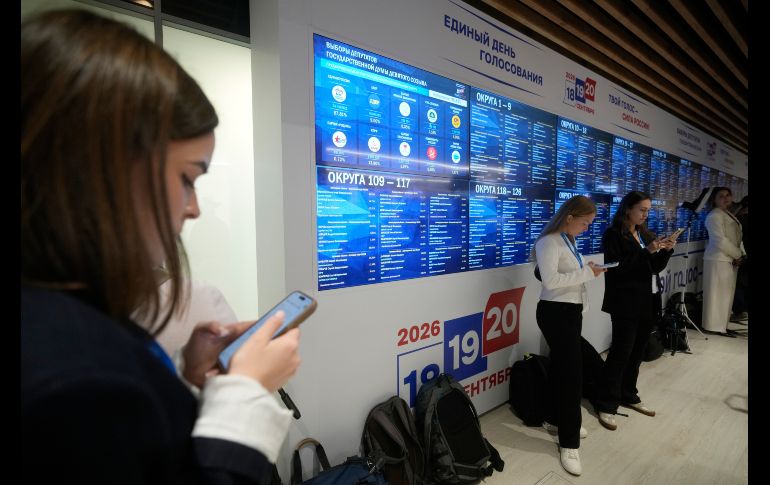 Periodistas permanecen junto a pantallas que muestran los resultados preliminares de las elecciones parlamentarias rusas en la sede del Comité Electoral Central de Rusia. AP/P. Bednyakov