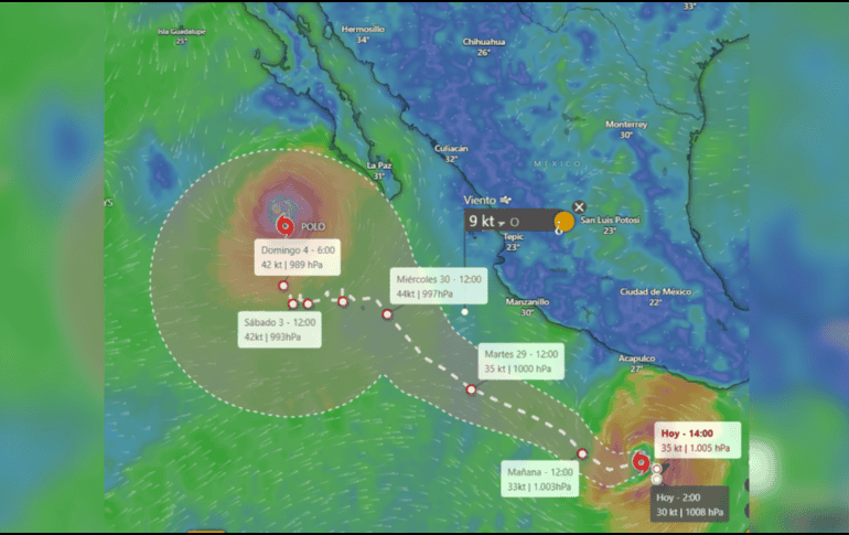 Se prevén lluvias moderadas a puntualmente fuertes entre los días martes y jueves, especialmente en las regiones Costa Sur, Costa-Sierra Occidental, Sierra de Amula y Sur. windy.com