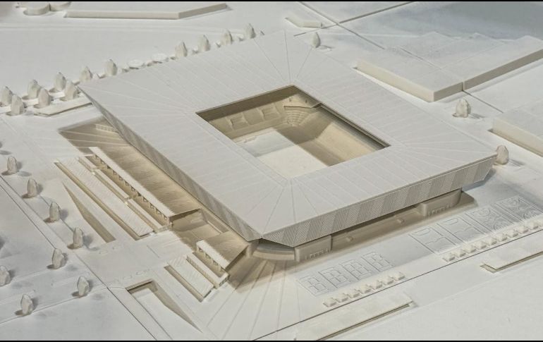 El diseño del estadio destaca por su forma rectangular y ángulos, con celosías alrededor que estarán iluminadas según la ocasión y contará con cinco acomodos distintos para los espacios. EL INFORMADOR / A. Navarro