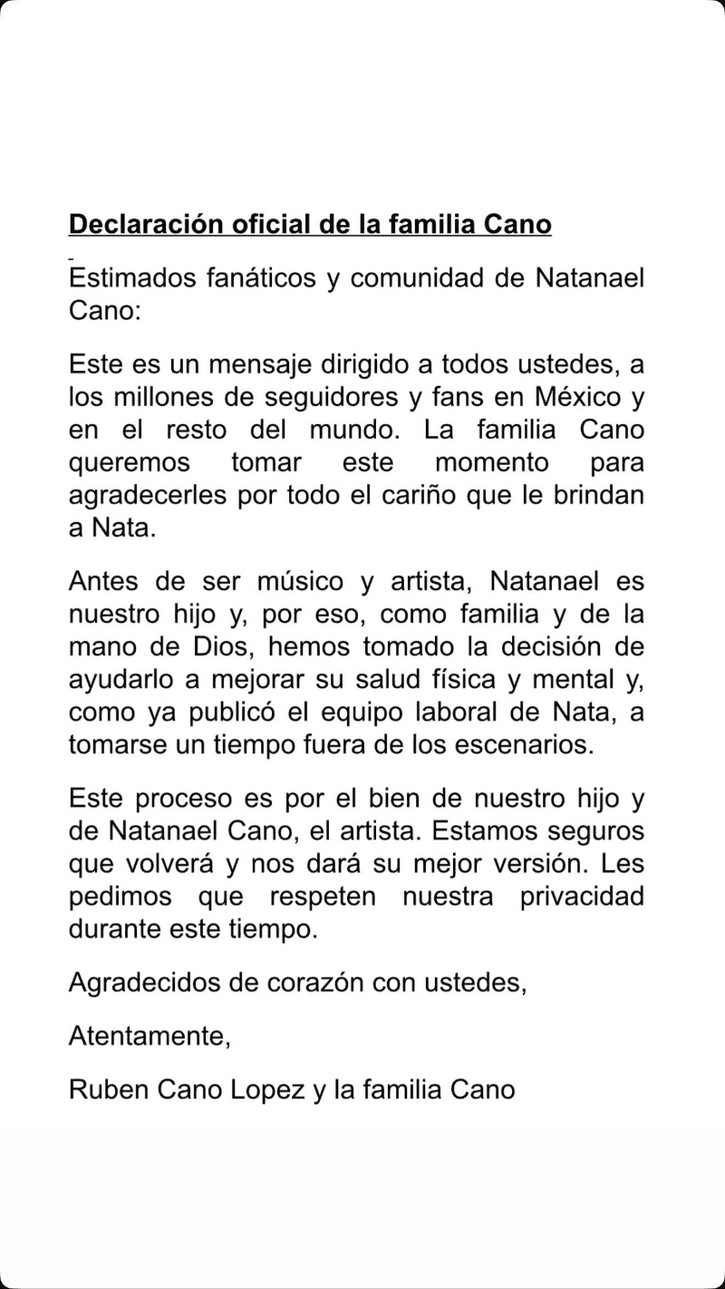 &nbsp;Comunicado de la familia de Natanael Cano. ESPECIAL / X: @NatanaelCanoNew