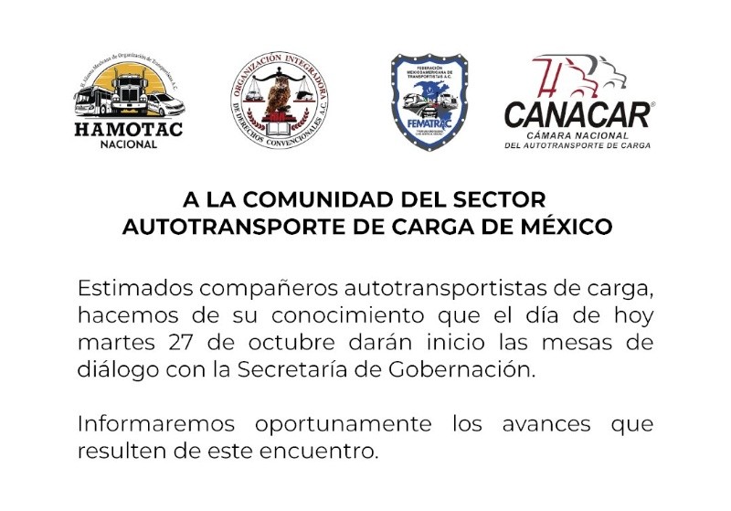 Canacar se suma a las mesas de diálogo con la Secretaría de Gobernación. ESPECIAL