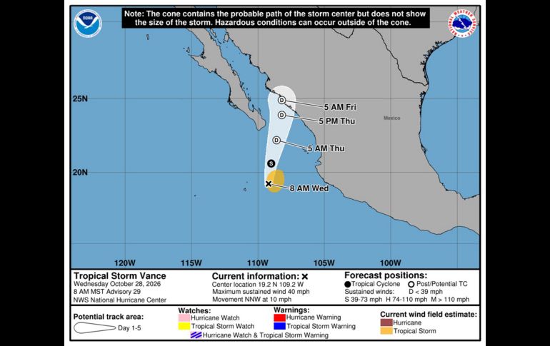 El Servicio Meteorológico Nacional advierte que la tormenta tropical “Vance” provocará lluvias en 25 estados este 28 de octubre. EFE/NOAA-NHC
