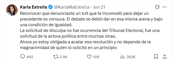  La usuaria reporta la recepción de la sanción del Tribunal. X / @KarlaMaEstrella 