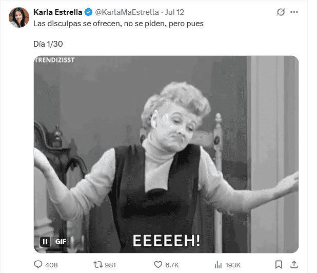  Primera disculpa. X / @KarlaMaEstrella