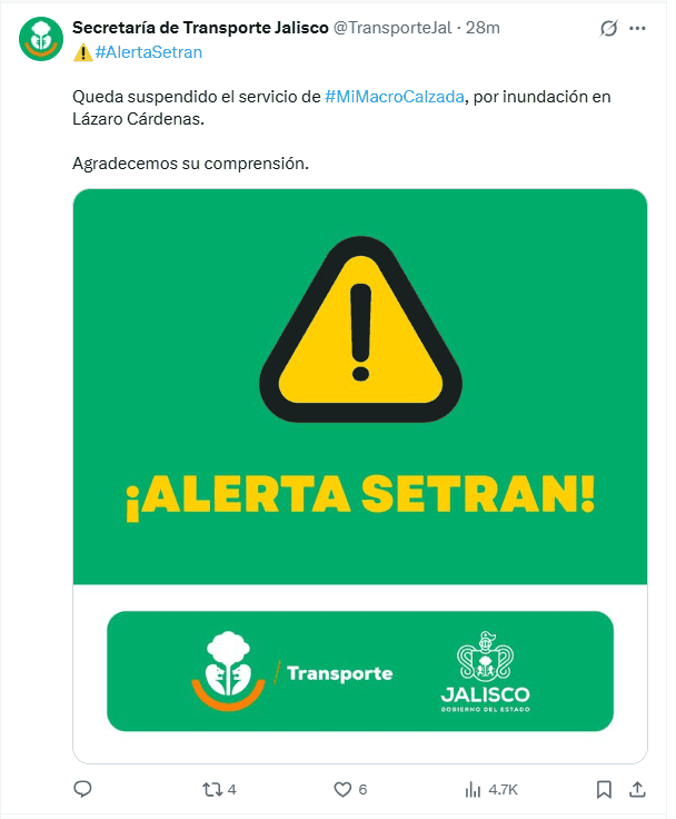  Setran reporta fallas en el servicio de Mi Macro Calzada por inundación en la estación Lázaro Cárdenas. X / @ TransporteJal