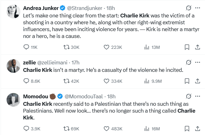  Usuarios desestiman que la muerte de Charlie Kirk lo conviertan en un mártir como lo afirmó Donald Trump. ESPECIAL / X