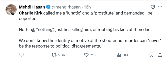  Usuarios aseguran que haber asesinado a este activista conservador no terminará con la guerra política e ideológica que está sucediendo en Estados Unidos. X / @mehdirhasan 