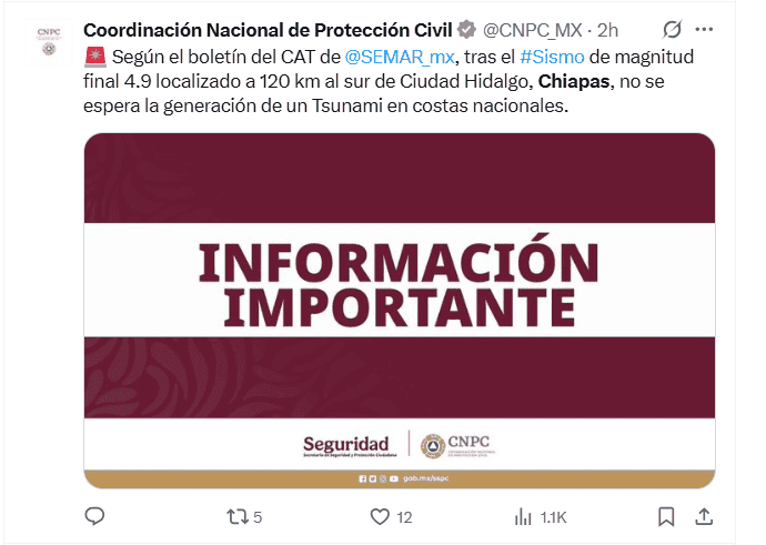 Según la Coordinación Nacional de Protección Civil, no se espera la generación de un Tsunami en costas nacionales. X / @CNPC_MX 