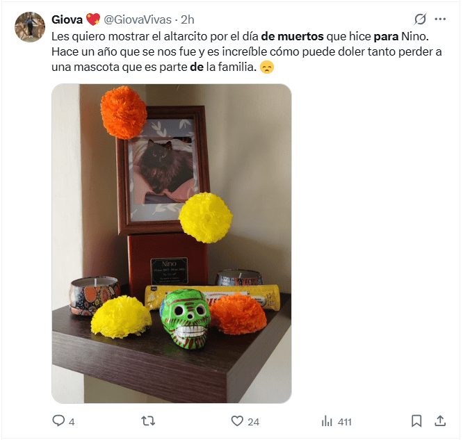 &nbsp;&nbsp;Ofrendas para las mascotas fallecidas previo al Día de Muertos. X / @GiovaVivas