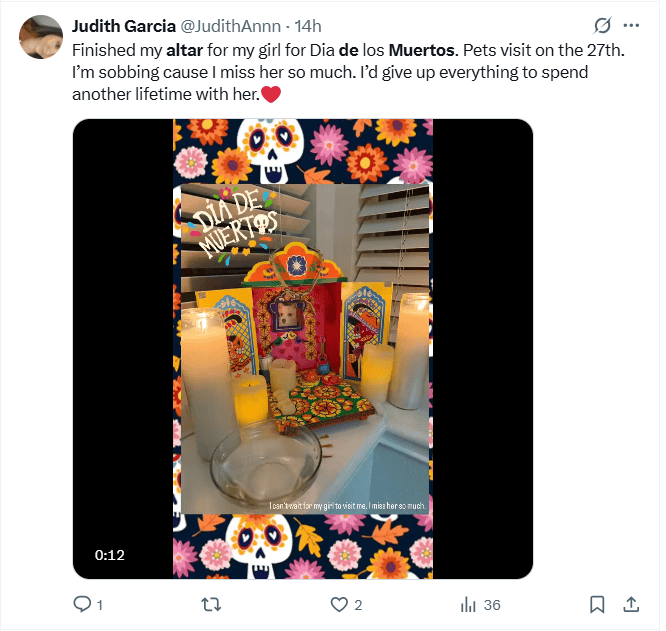 &nbsp;&nbsp;Ofrendas para las mascotas fallecidas previo al Día de Muertos. X / @JudithAnnn