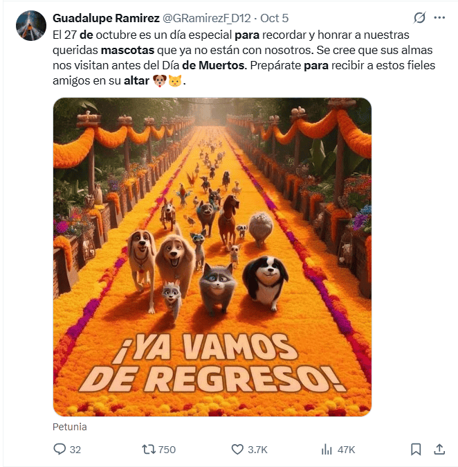 &nbsp;&nbsp;Ofrendas para las mascotas fallecidas previo al Día de Muertos. X / @GRamirezF_D12