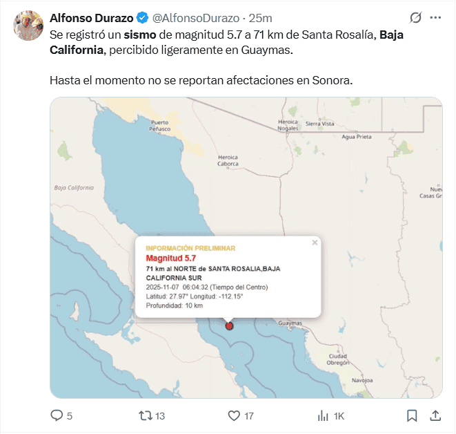  El SSN declaró de manera oficial que el primer sismo que sacudió Baja California Sur esta madrugada fue de magnitud 5.5. X / @AlfonsoDurazo