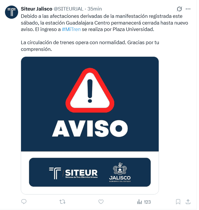 Siteur indicó que el ingreso al servicio de tren eléctrico en el centro tapatío se realiza por la estación Plaza Universidad de la Línea 2. ESPECIAL 