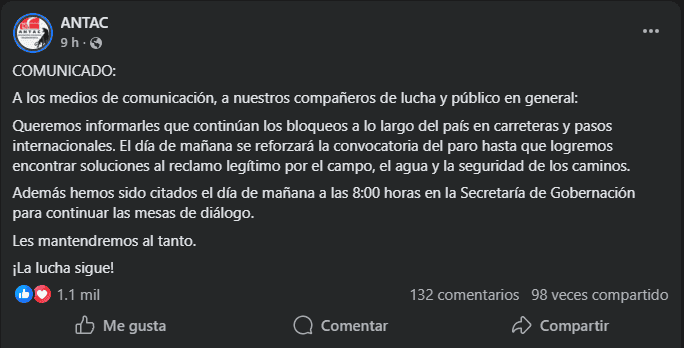  Publicación de la Asociación desde redes sociales. FB / ANTAC