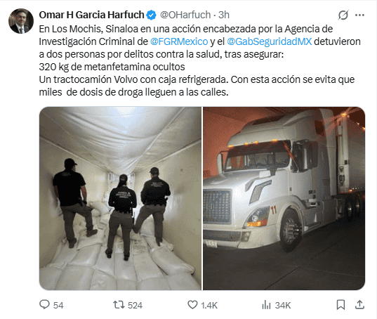  Publicación desde la cuenta del titular de la SSPC. X / @OHarfuch