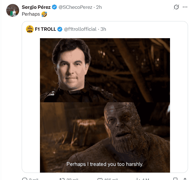 Pérez compartió un meme que publicó una página humorística de F1. ESPECIAL 