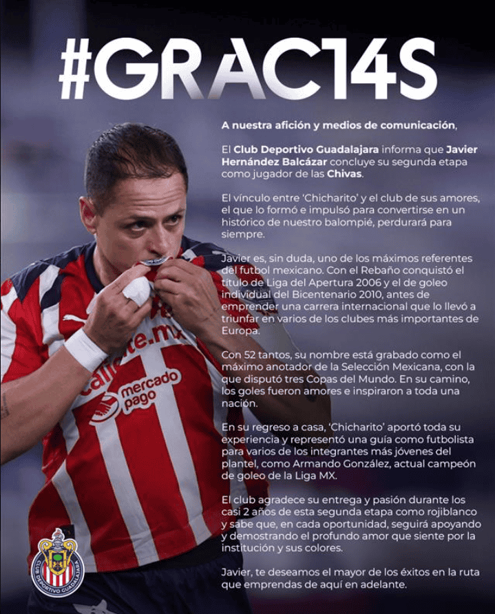  Mensaje de Chivas para Javier Hernández. X / @Chivas