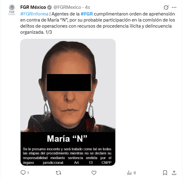 &nbsp;Publicación de la Fiscalía General de la República sobre la detención. X / @FGRMexico