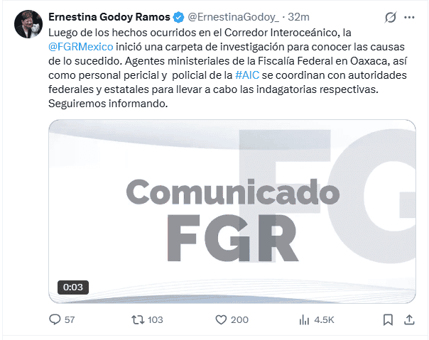 &nbsp;La FGR abrió carpeta de investigación tras descarrilamiento del Tren Interoceánico. X / @ErnestinaGodoy_