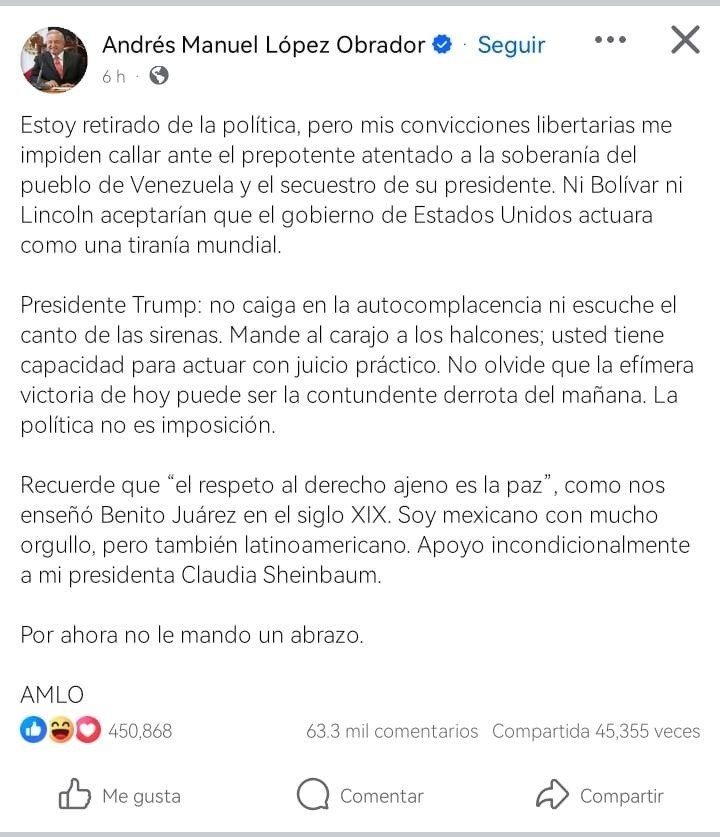 &nbsp;Publicación de López Obrador tras las acciones de Estados Unidos en Venezuela. FB / Andrés Manuel López Obrador