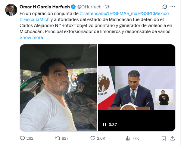 &nbsp;Harfuch da a conocer la denteción desde sus redes sociales este 22 de enero. X / @OHarfuch