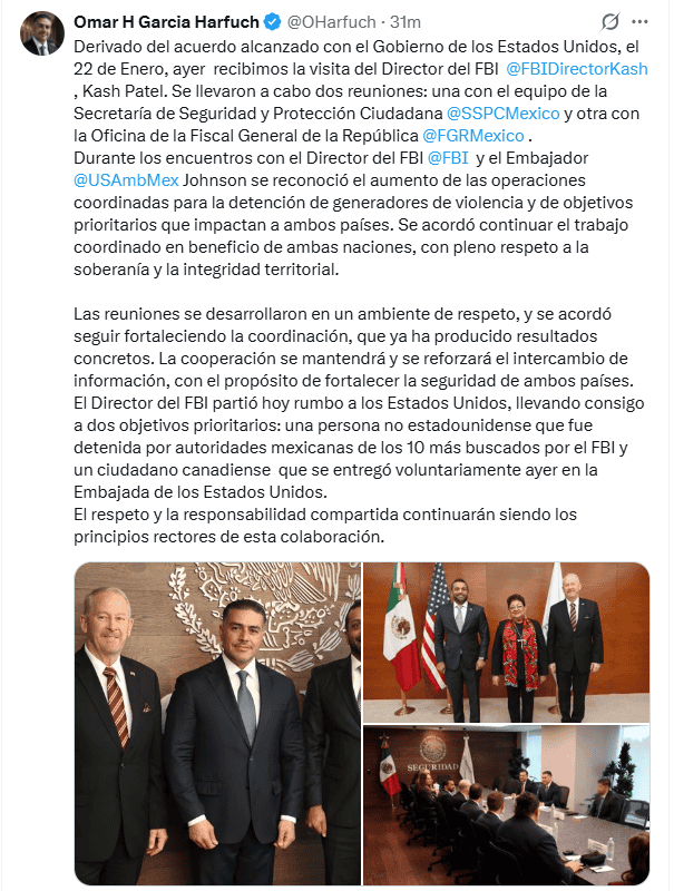 &nbsp;Harfuch ofreció detalles de la reunión a través de redes sociales. X / @OHarfuch