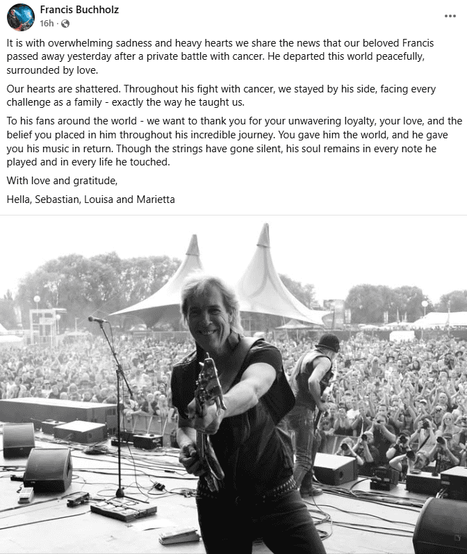 Francis Buchholz deja un vacío en el mundo del rock. FACEBOOK / &nbsp;Francis Buchholz