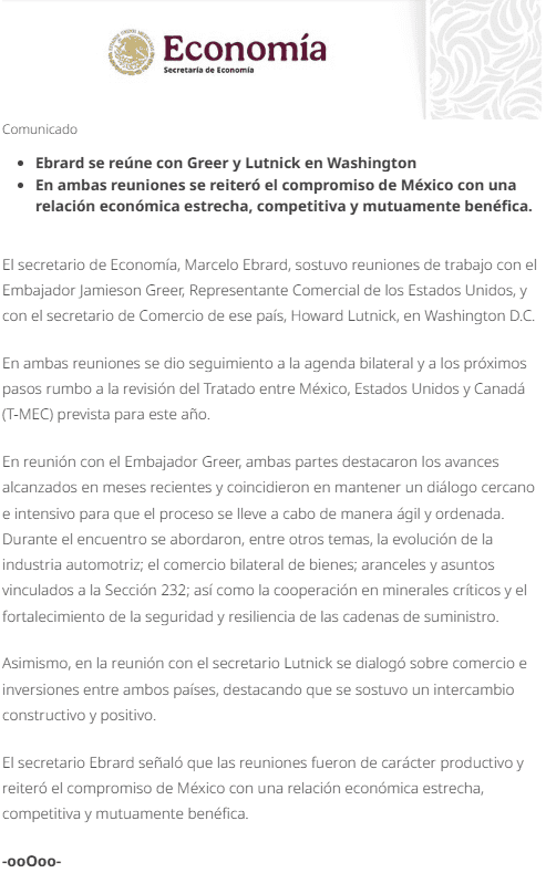 &nbsp;Comunicado de la SE desde su portal oficial. ESPECIAL / Secretaría de Economía