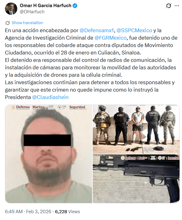 &nbsp;Detención de presunto responsable de ataque a emecistas. X / @OHarfuch