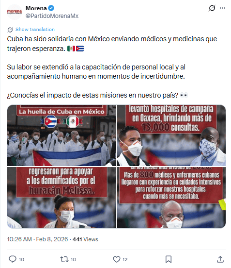 &nbsp;Cuba y México siempre se han apoyado: Morena. X / @PartidoMorenaMx