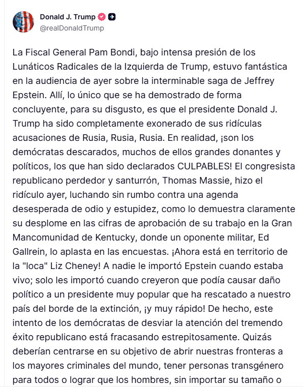Trump expresó su respaldo a la fiscal general tras su participación en la audiencia. CAPTURA DE PANTALLA/TRUTH SOCIAL/@realDonaldTrump
