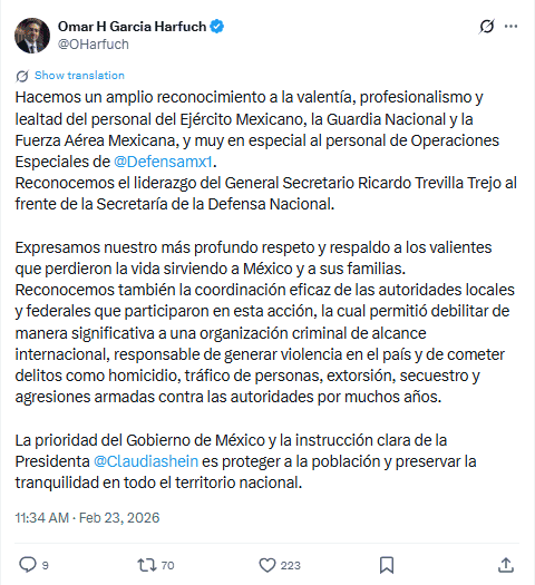 Mensaje de Harfuch desde sus redes sociales. X / @OHarfuch&nbsp;