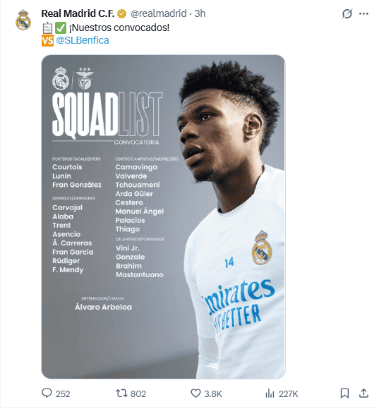 &nbsp;Real Madrid presenta a sus convocados para el duelo contra Benfica. X / @realmadrid