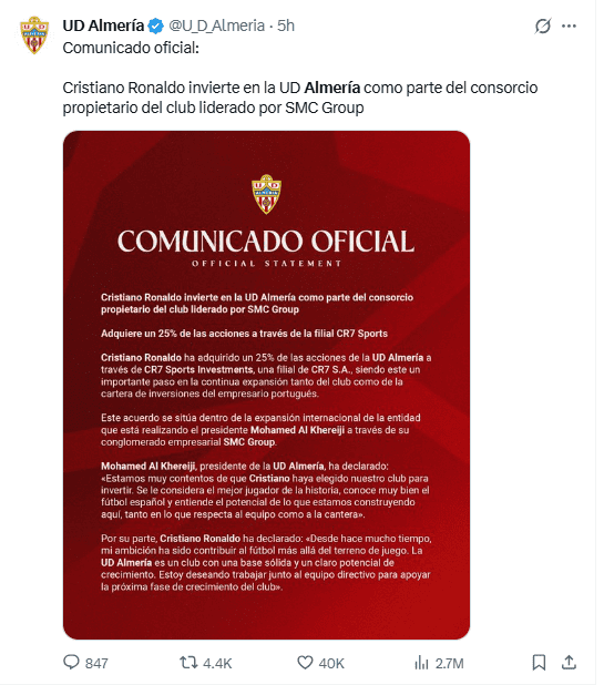 &nbsp;Cristiano Ronaldo invierte en la UD Almería como parte del consorcio propietario del club. X / @U_D_Almeria