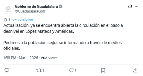 &nbsp;Publicación más reciente del gobierno local. X / @GuadalajaraGob