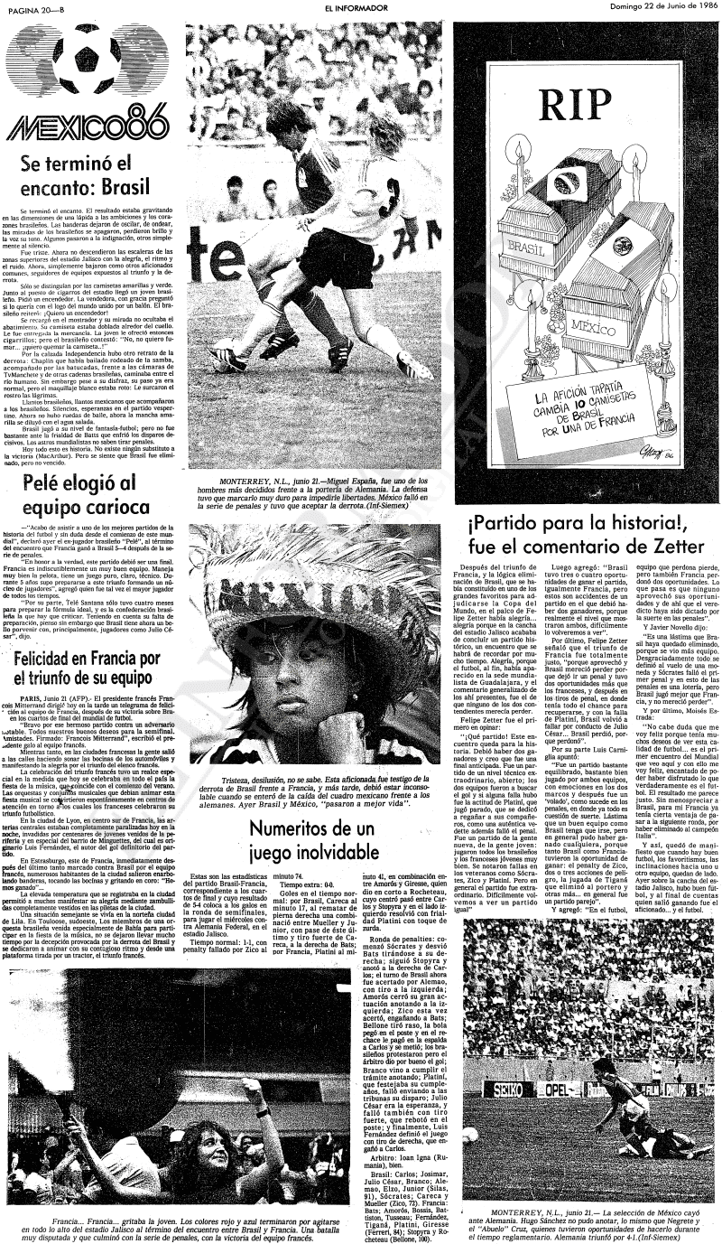 Página de EL INFORMADOR donde aparece la crónica del partido Francia vs Brasil,&nbsp;que tras un empate 1-1 en tiempo regular, culminó con un 4-3 en penales que dejó a los amarillos fuera del Mundial de 1986. EL INFORMADOR / ARCHIVO