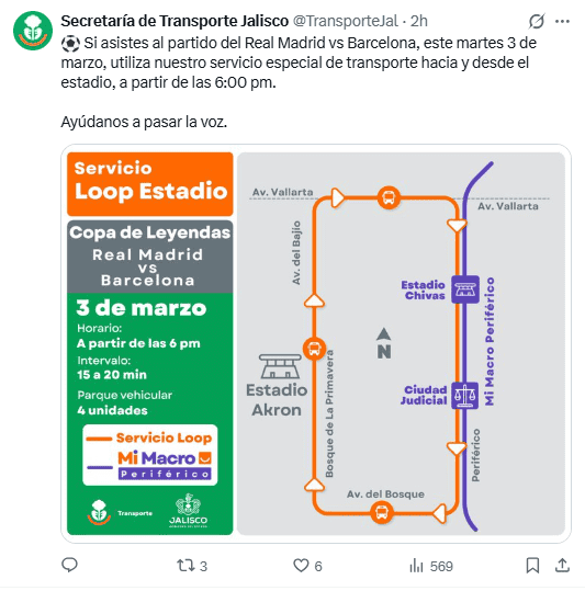 &nbsp;Mapa del recorrido trasado por la Setran para llegar a la Copa de Leyendas. @TransporteJal