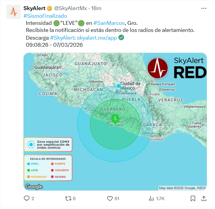 Notificación del sismo en progreso. &nbsp;X / @SkyAlertMx