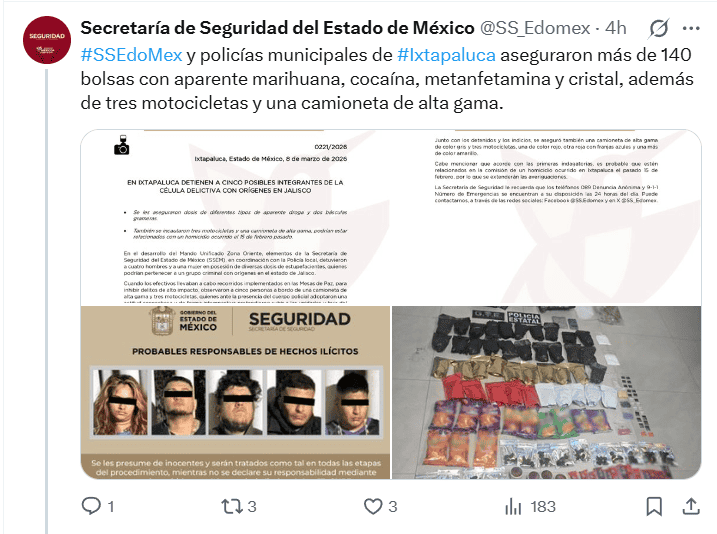 &nbsp;La dependencia de seguridad publicó las imágenes desde sus redes sociales oficiales. X / @SS_Edomex