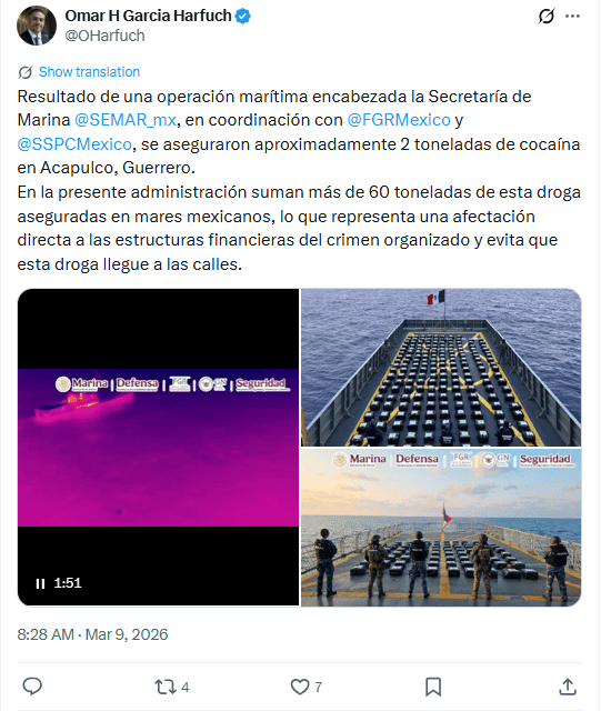 &nbsp;Publicación del aseguramiento por parte de la Secretaría de Marina. X / @OHarfuch