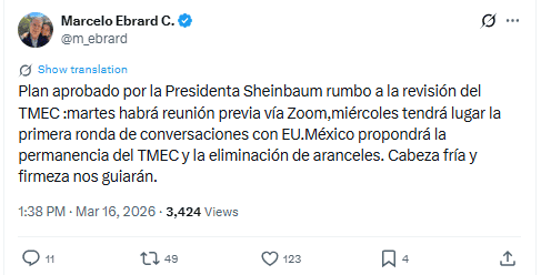 &nbsp;Marcelo Ebrard anuncia la aprobación de Sheinbaum a la revisión al T-MEC realizada en México. X / @m_ebrard