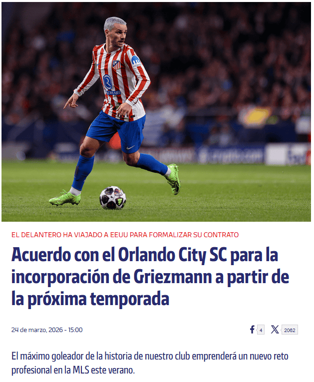 &nbsp;Atlético de Madrid anuncia el fichaje de Antoine Griezmann por Orlando City. ESPECIAL / Atlético de Madrid