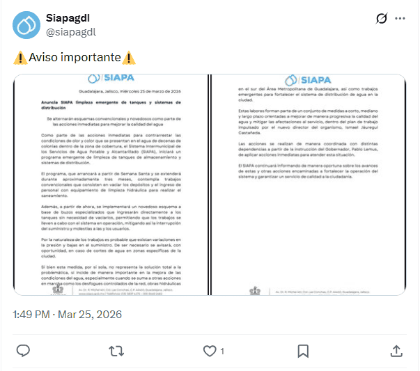 &nbsp;Anuncio del Siapa desde sus redes sociales. X / @siapagdl