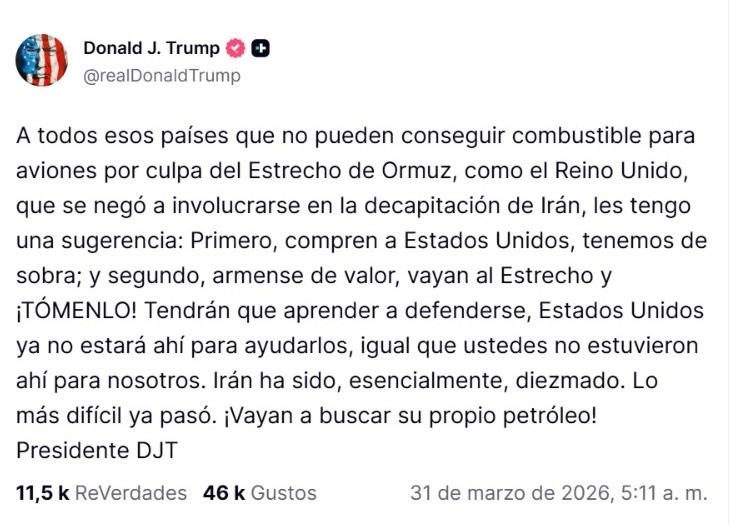 CAPTURA DE PANTALLA/&nbsp;TRUTH SOACIAL/@realDonaldTrump