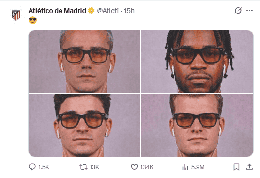 Una publicación mostraba a jugadores del Atlético con gafas de sol y usando auriculares, en referencia a una foto similar al astro azulgrana Lamine Yamal, quien parecía imitar a LeBron James antes de las Finales de la NBA de 2016, en las que los Cavaliers de Cleveland de James remontaron un 3-1 en la serie para ganar el título. X / @Atleti 